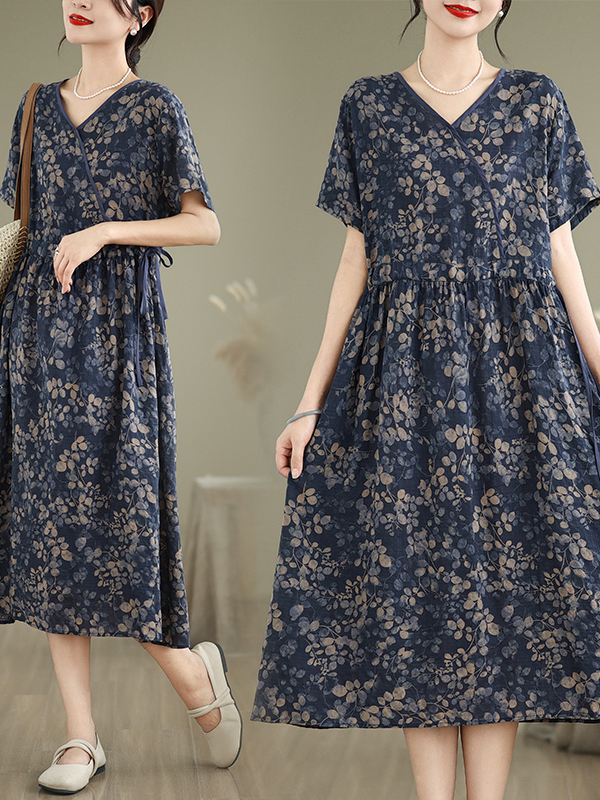 Short Linen Drawstring - Summer Cotton Linen V-neck Floral Print
