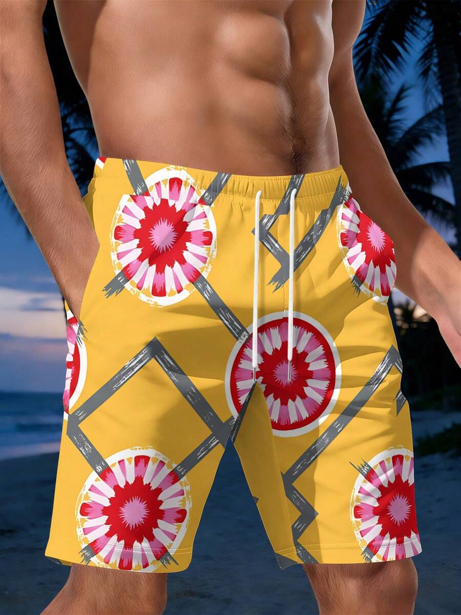 Swim Trunk Quick Dry - Mens Geometric Floral Print Beach Shorts