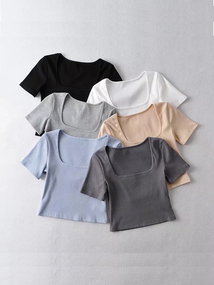 Shirt Camp Collar - Women Square Neck Rib Crop T-shirt