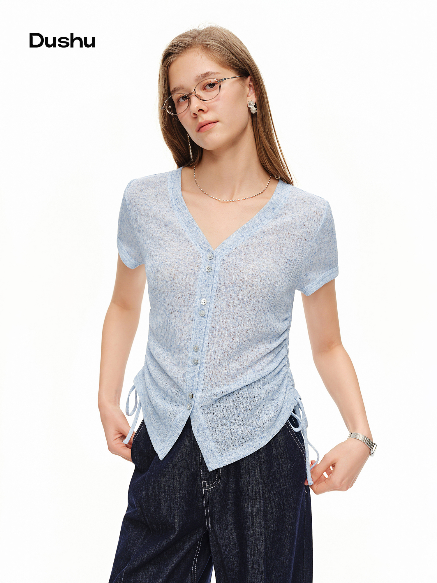 Short Linen Drawstring - DUSHU Lightweight V-neck Linen T-shirts New