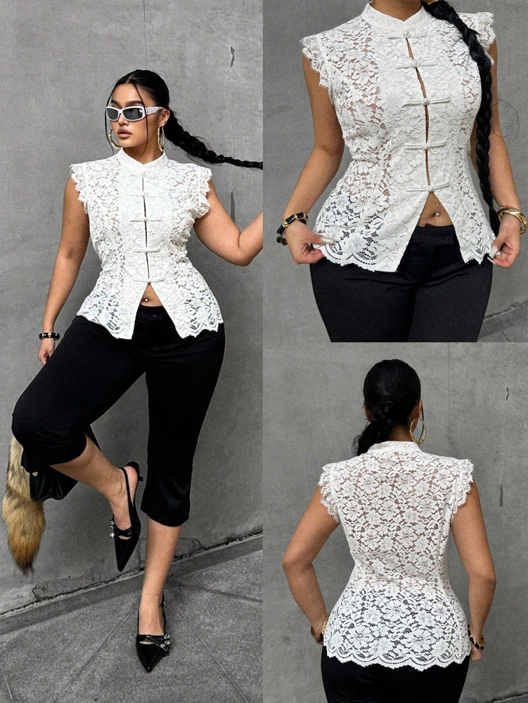 Plus Size Elegant Lace Blouse, – Shirt Camp Collar Bewertung und Preis
