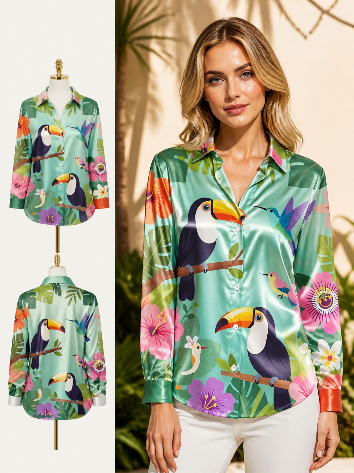 Mint Toucan Satin Button Shirt – Resort Shirt Floral Bewertung und Preis