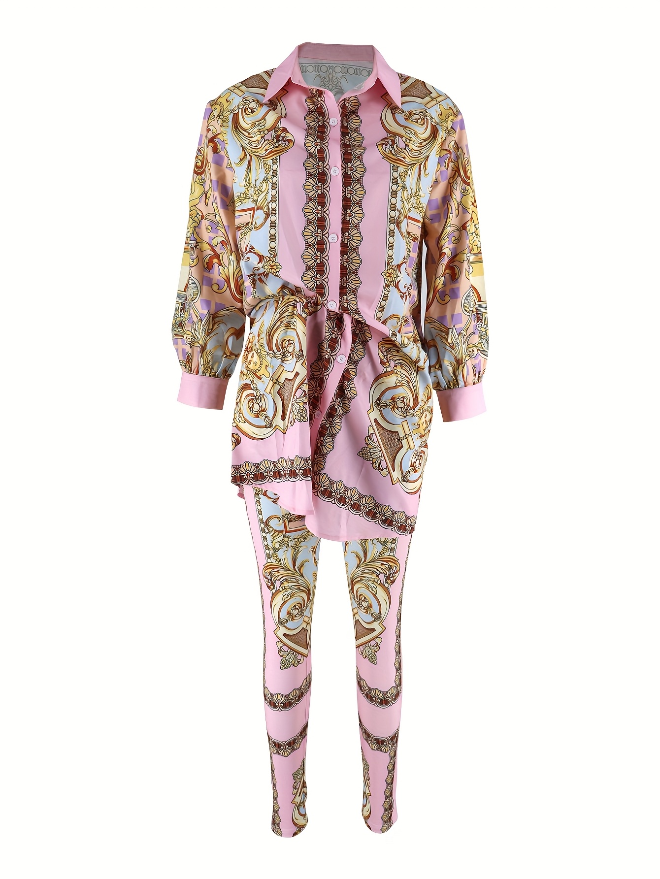 Women 2 Piece Set Ornate Print – Shirt Camp Collar Bewertung und Preis